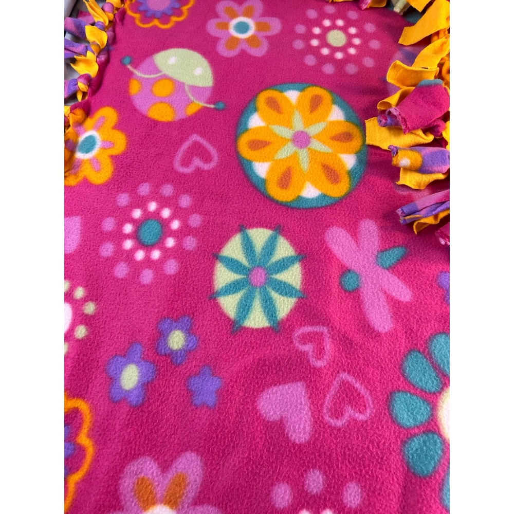 Handmade Pink Floral Ladybug Fleece Tie Blanket Yellow Reverse Throw 50x48